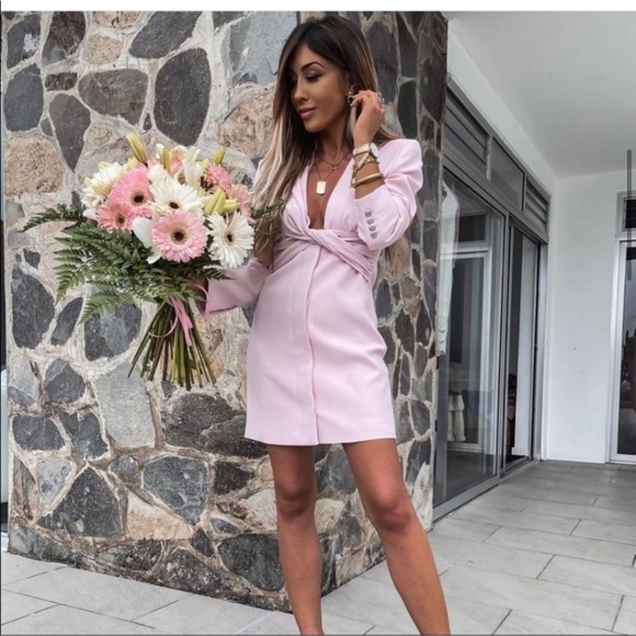 NWT ZARA V-Neck Pink Draped Blazer Dress S Blogger’s Favorite - Picture 5 of 14